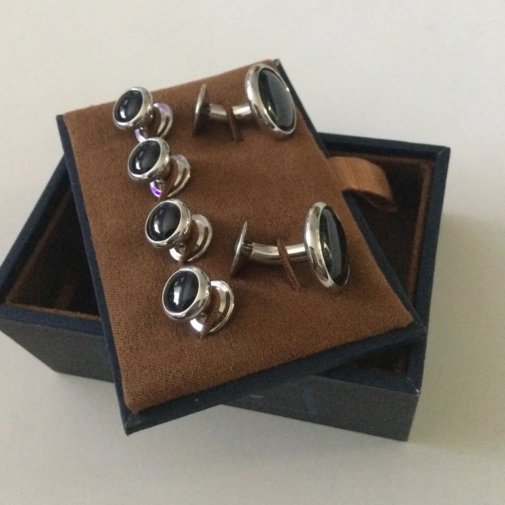 DAVID DONAHUE CUFF LINKS AND STUD SET SILVER BLACK ONYX NWT